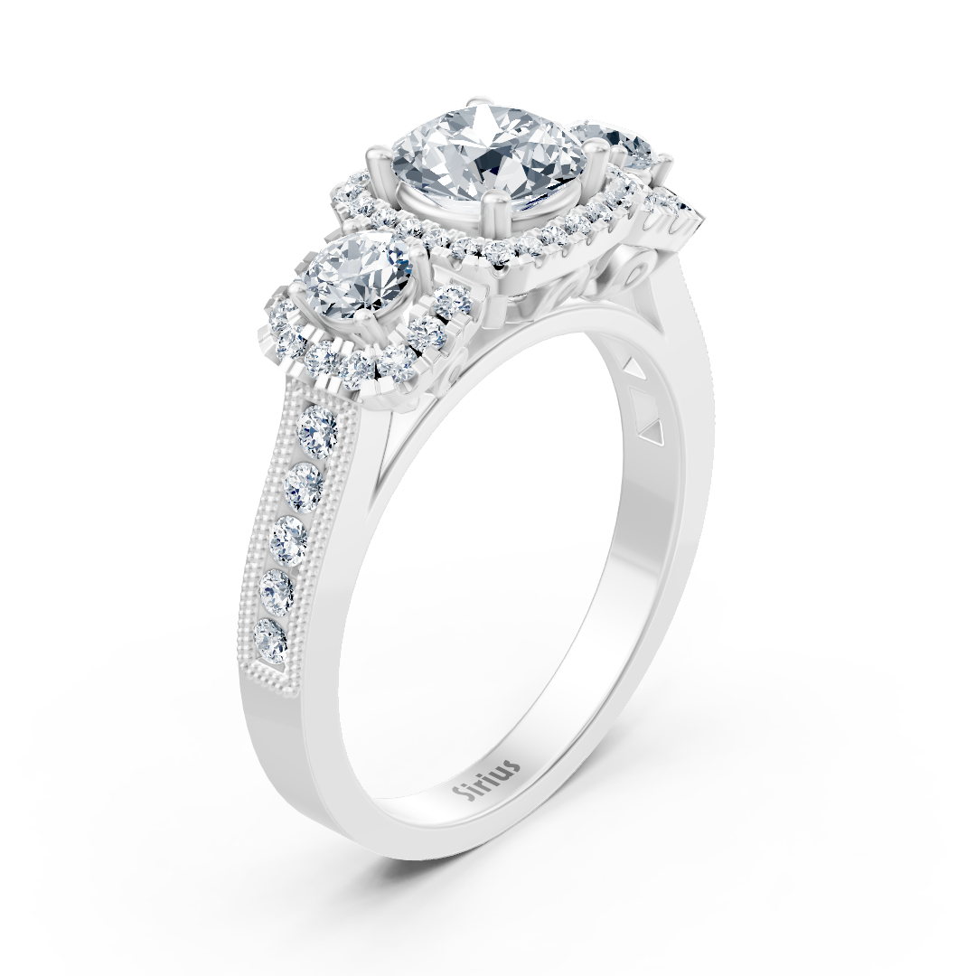 White gold halo three-stone diamond ring