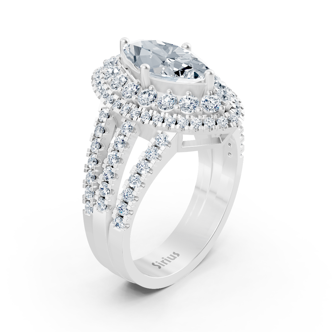 White gold halo ring with marquise diamond & rubies