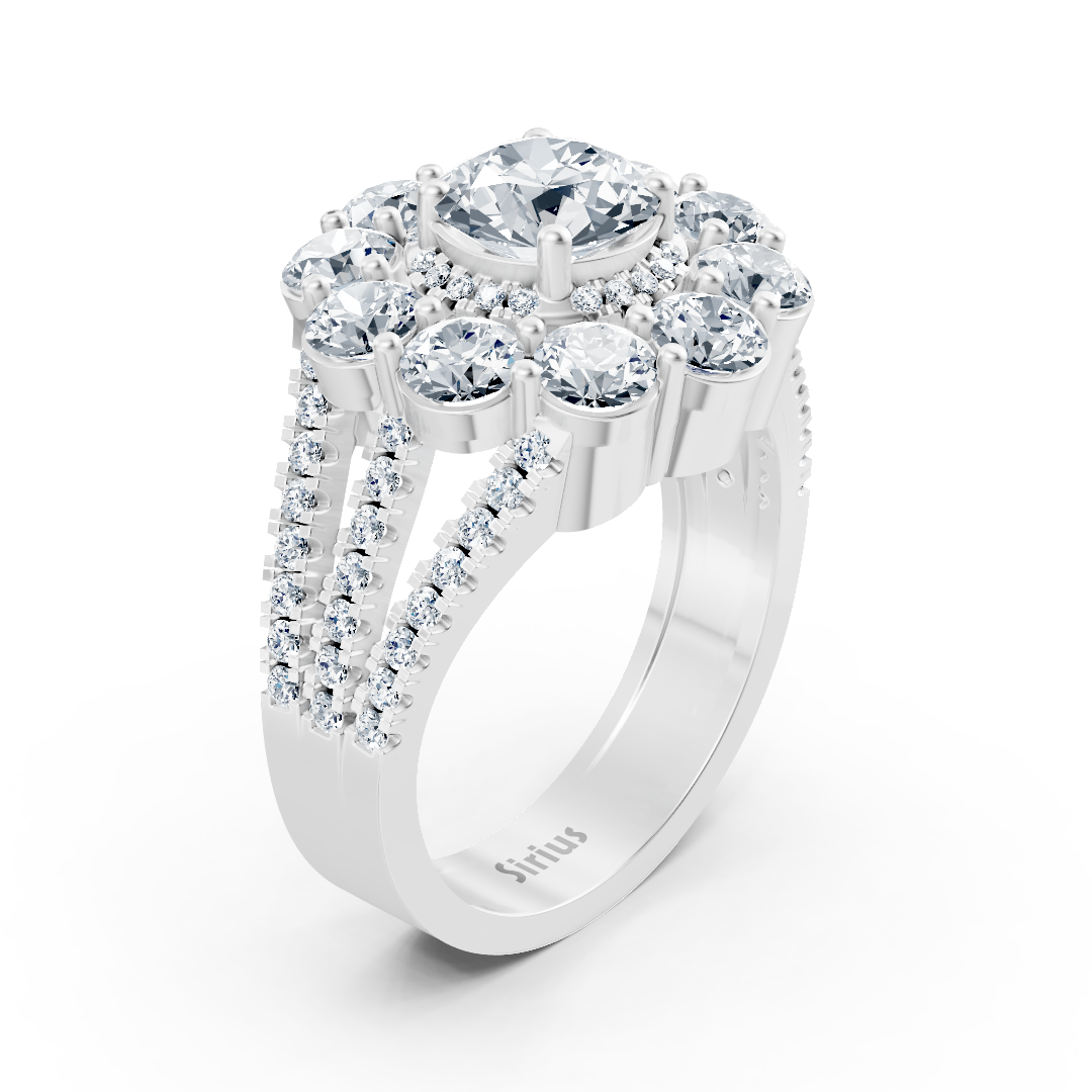 White gold halo ring with diamonds, emeralds & rubies