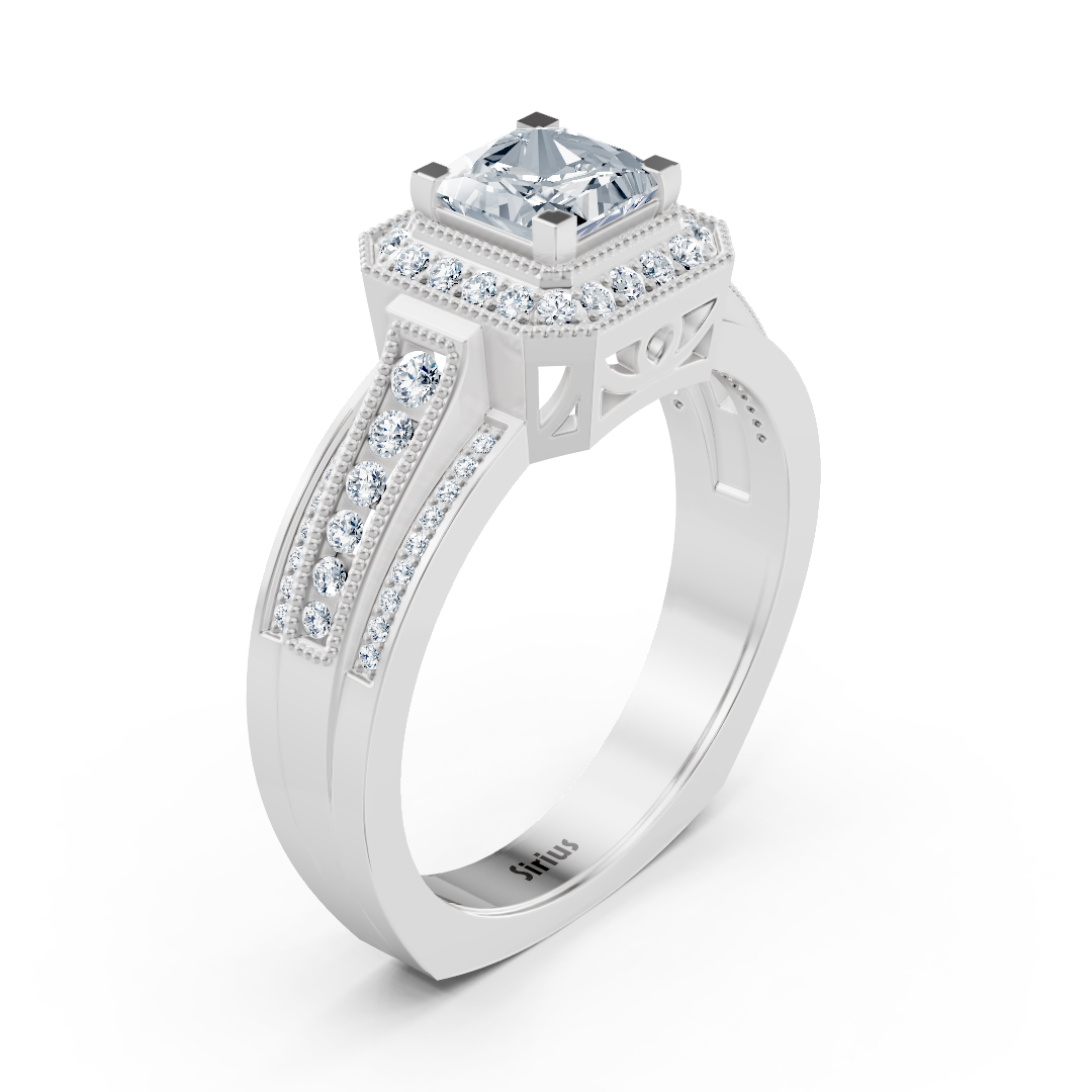 Bague halo en or blanc avec diamants et saphirs Birgie Sirius, taille princesse et ronde