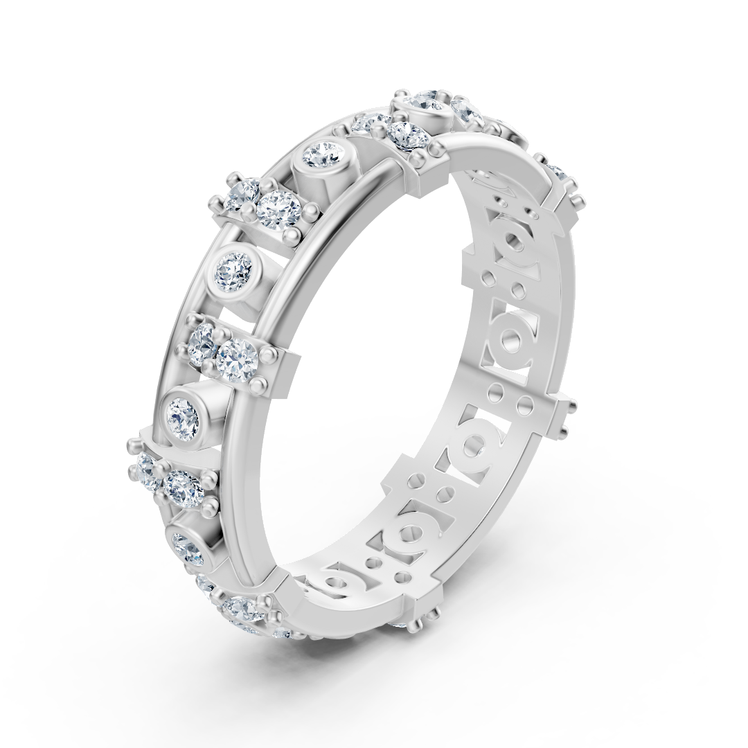Bague mémoire en or blanc 14 carats avec diamants - bague femme moderne avec sertissage à griffes et lunette