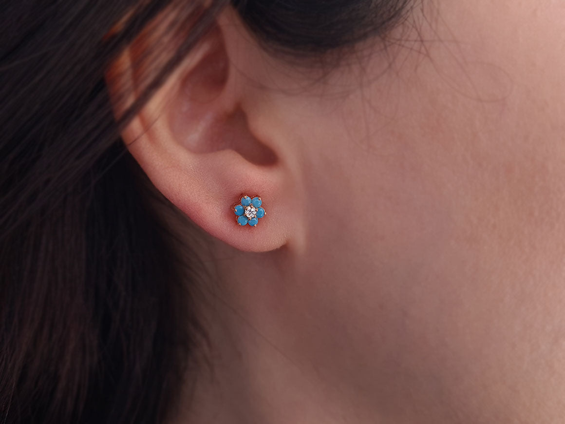 Boucles d'oreilles marguerite diamants et turquoise