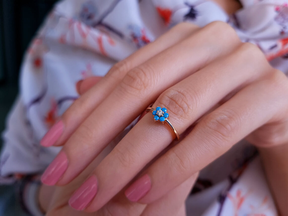 Bague marguerite diamant et turquoise