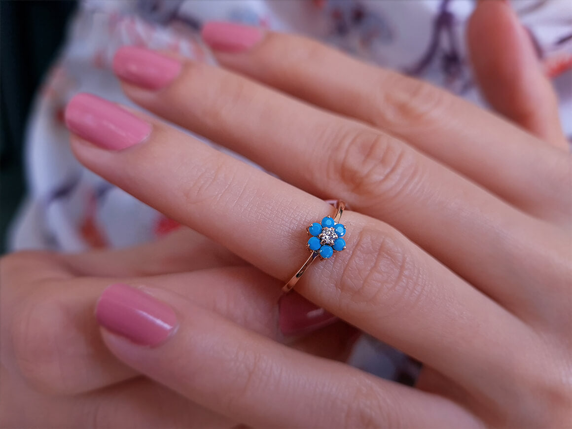 Bague marguerite diamant et turquoise