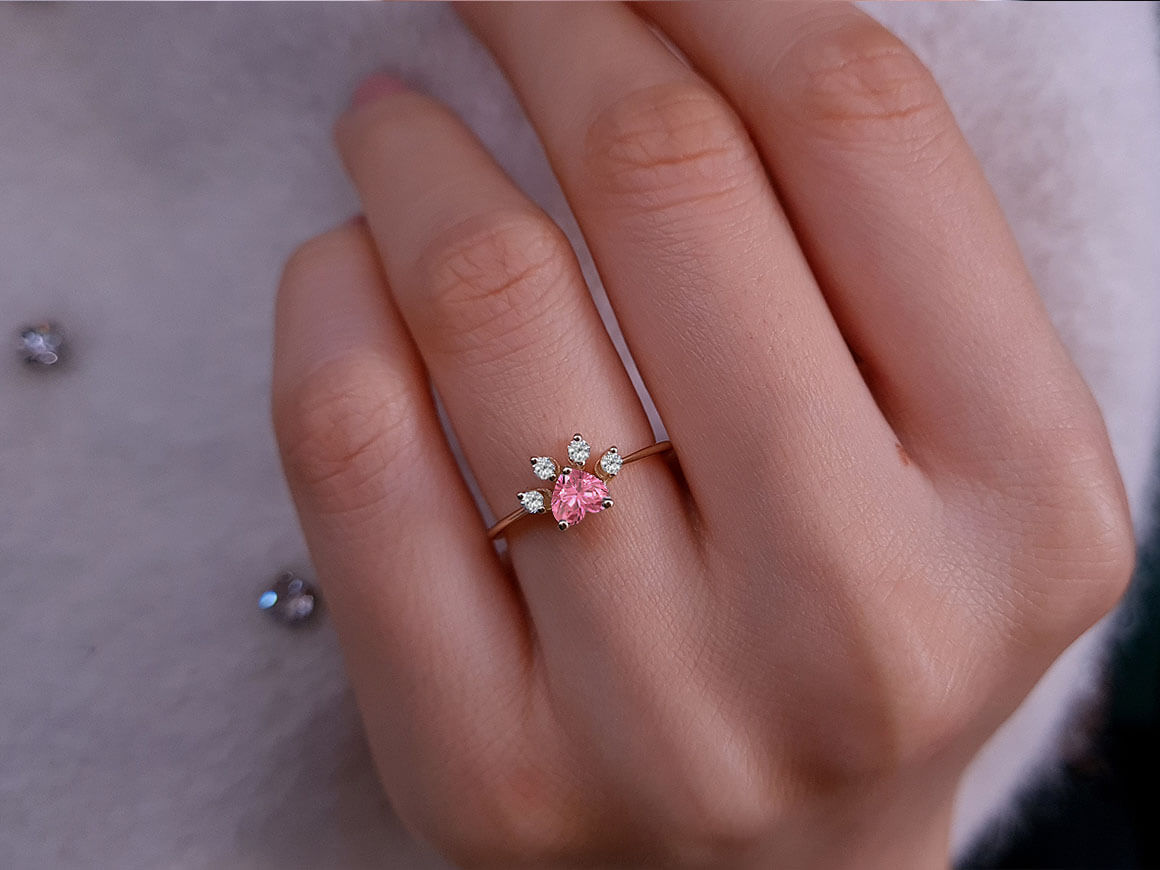 Diamond and Rose Tourmaline Cat Paw Ring