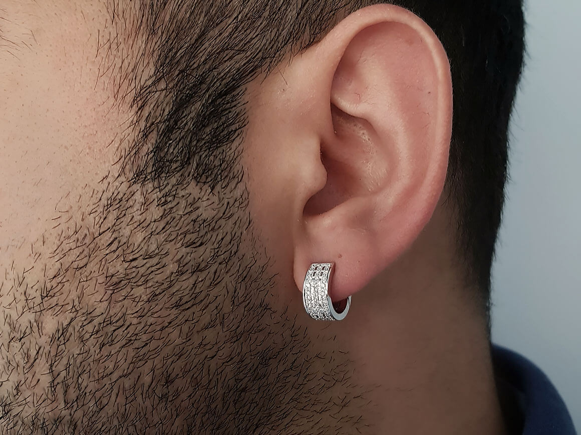 Three Row Diamond Men's Hoop Earrings