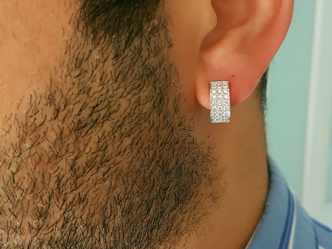 Three Row Diamond Men's Hoop Earrings