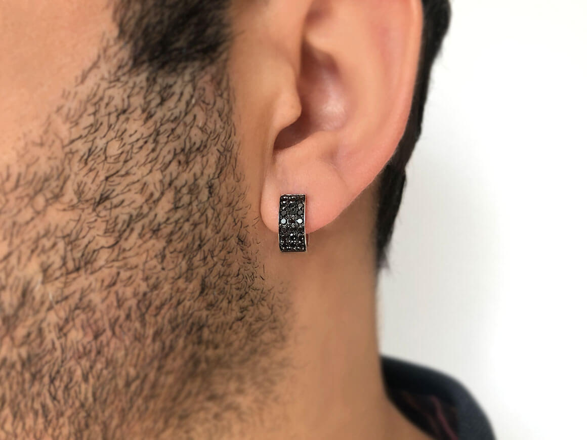 Three Row Black Diamond Men's Hoop Earrings
