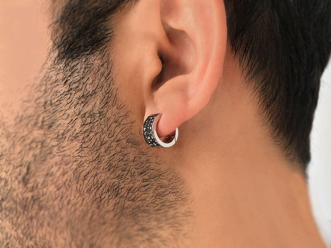 Three Row Black Diamond Men's Hoop Earrings