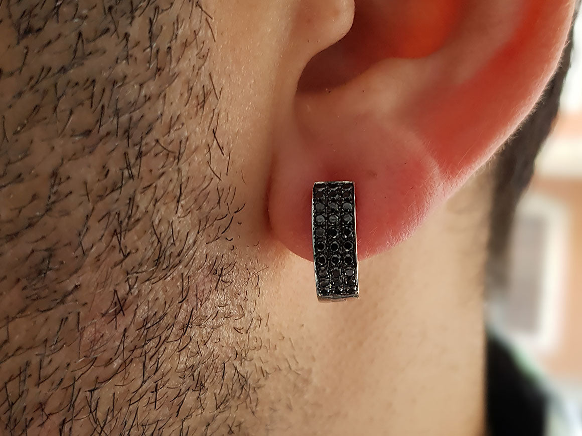 Three Row Black Diamond Men's Hoop Earrings