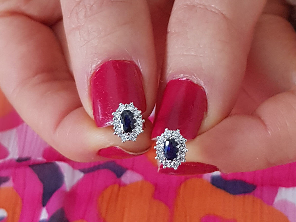 Diamond and Oval Sapphire Stud Earrings