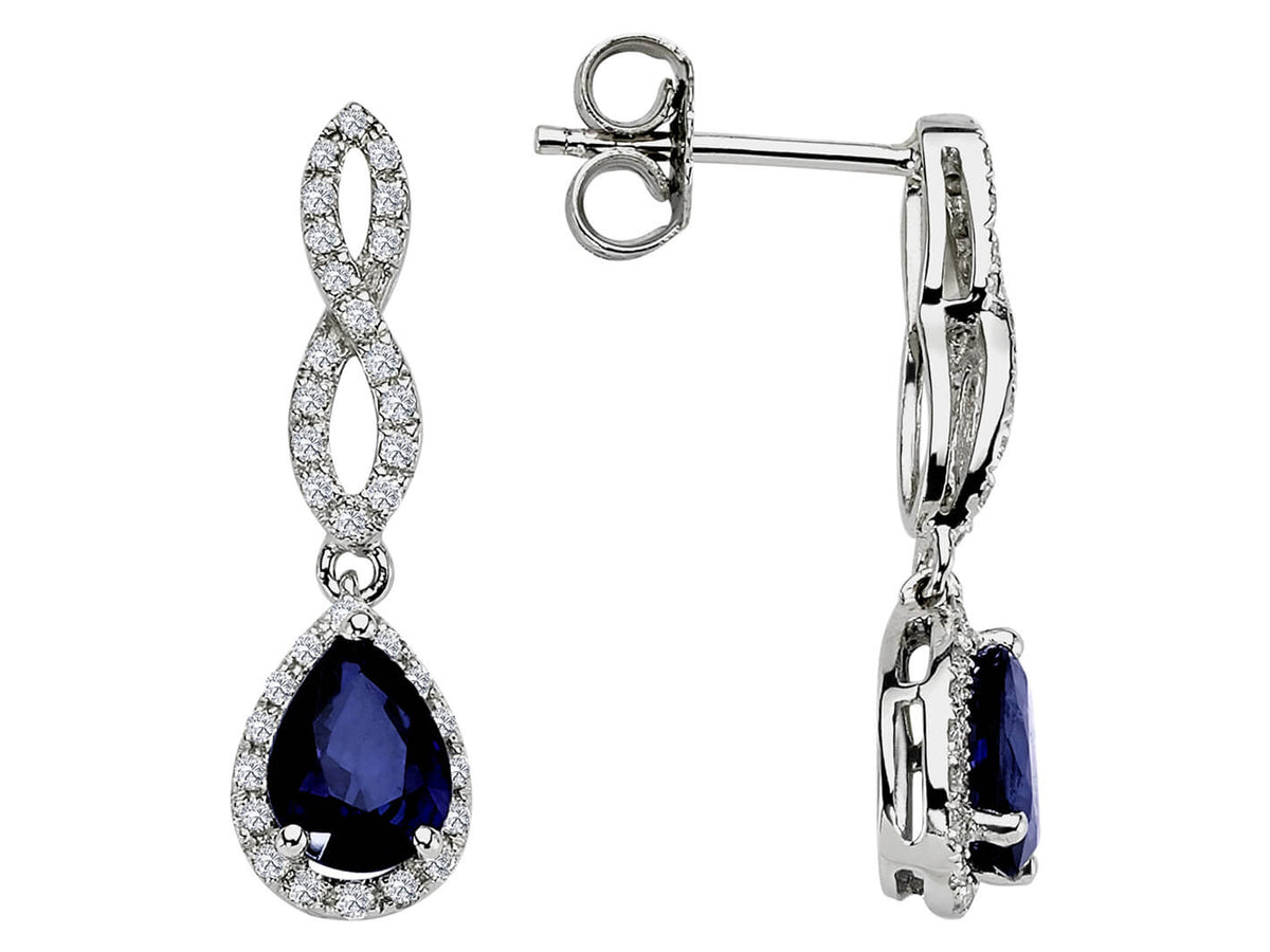 Boucles d'oreilles puces diamants et saphirs en forme de larme