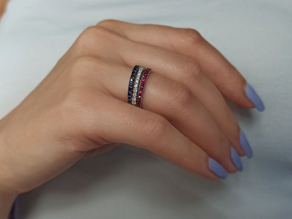Diamond Ruby and Sapphire Half Circle Ring