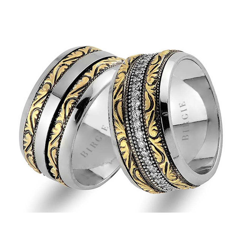 Alliance asymétrique vintage en or jaune et blanc avec diamants