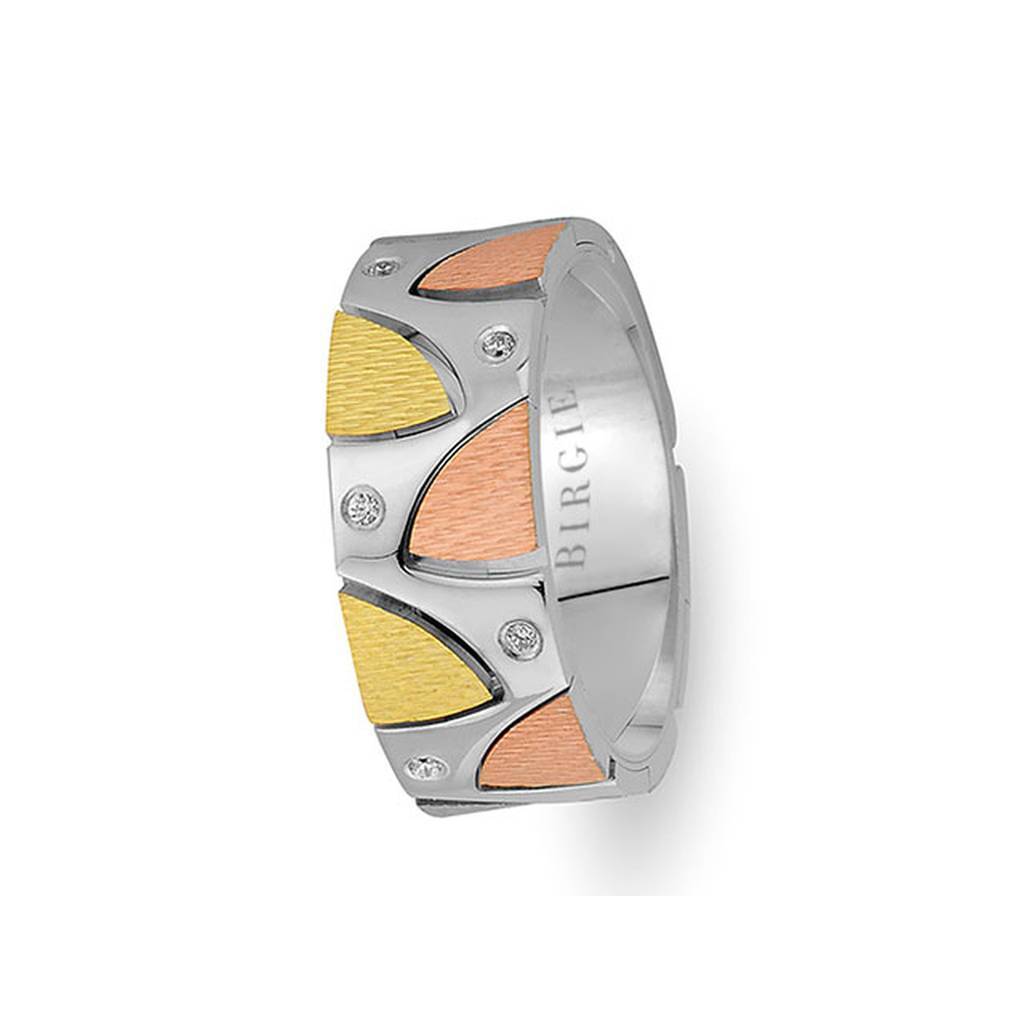 Alliance en or blanc, jaune et rose au design abstrait avec diamants