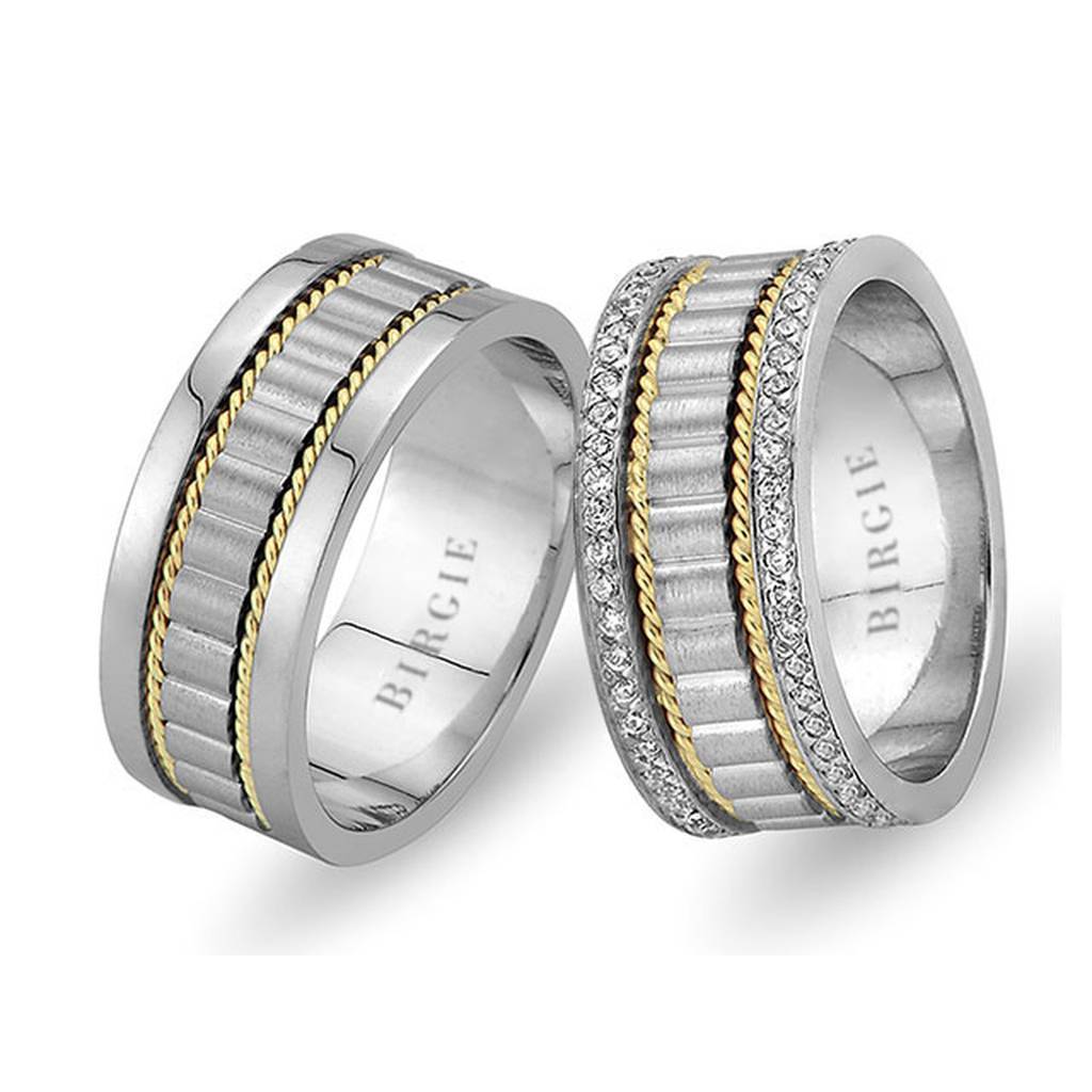 Alliance en or blanc et jaune Bird's Nest avec diamants Twin Line