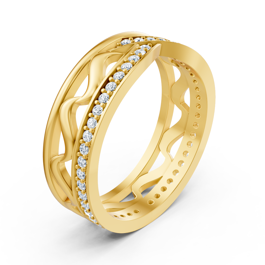 Yellow gold diamond ring with filigree wave pattern