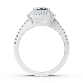 Bague de fiançailles en or blanc 14 carats avec diamants taille princesse et rubis à double halo