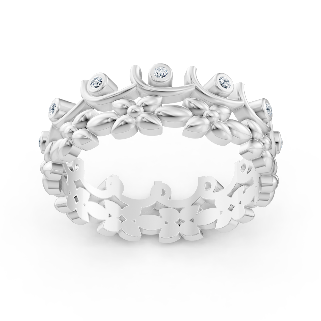Bague en or blanc avec diamant et motif floral de vigne