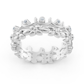 Bague en or blanc avec diamant et motif floral de vigne