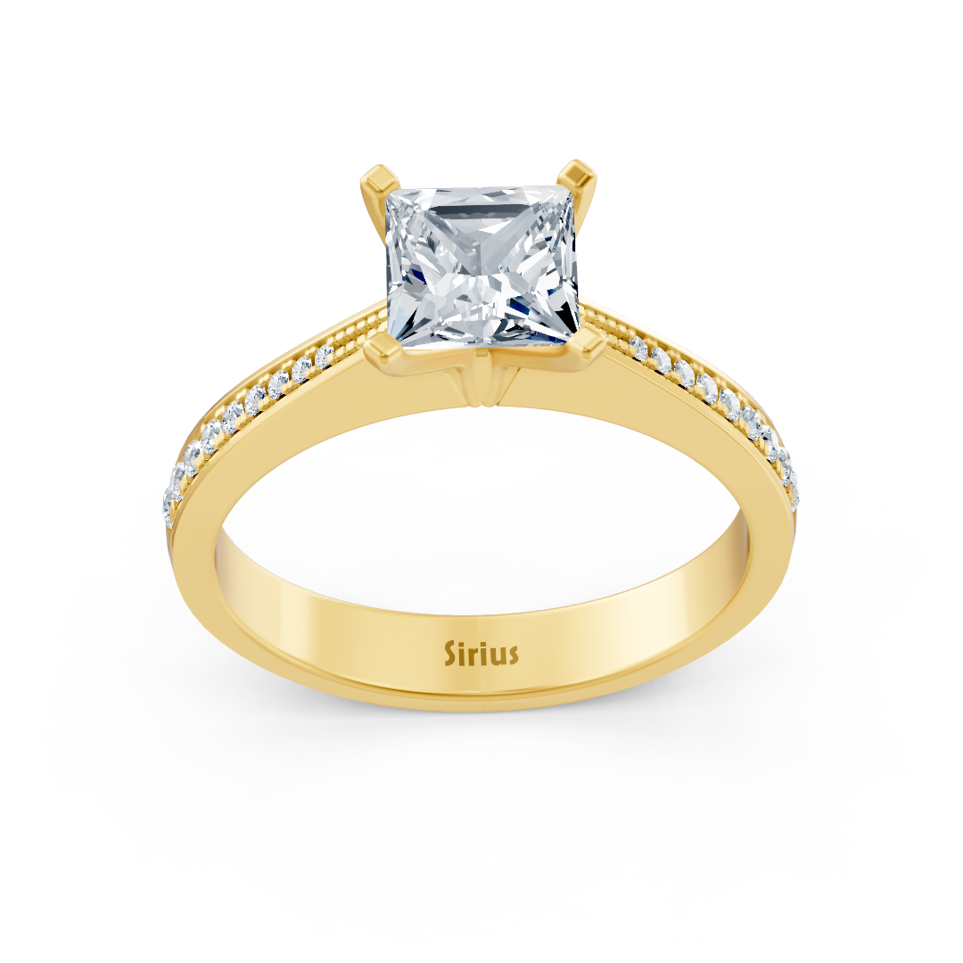 Yellow gold diamond solitaire ring princess cut with accents