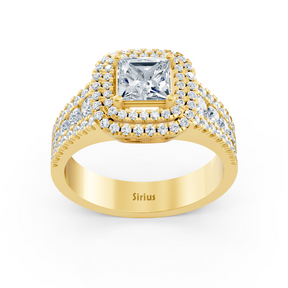 14k yellow gold princess cut diamond &amp; ruby ​​double halo engagement ring