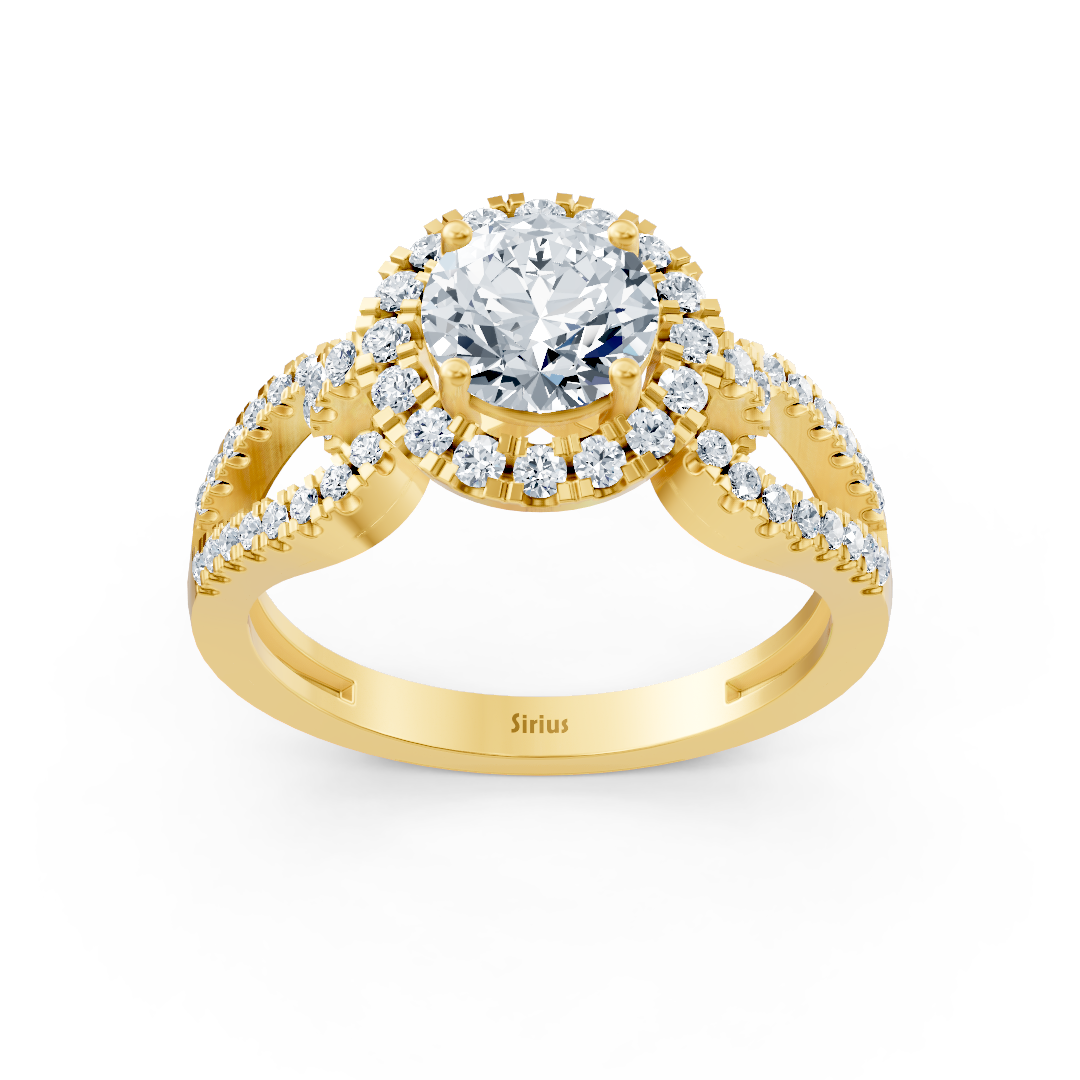 Halo diamond engagement ring in 14-carat yellow gold