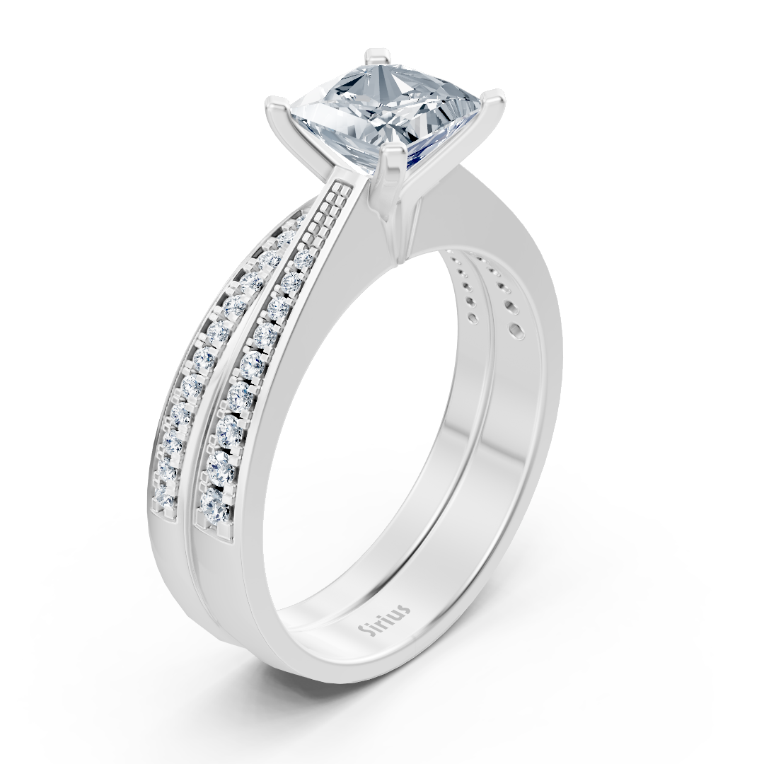 White gold diamond princess cut stacking ring with accents