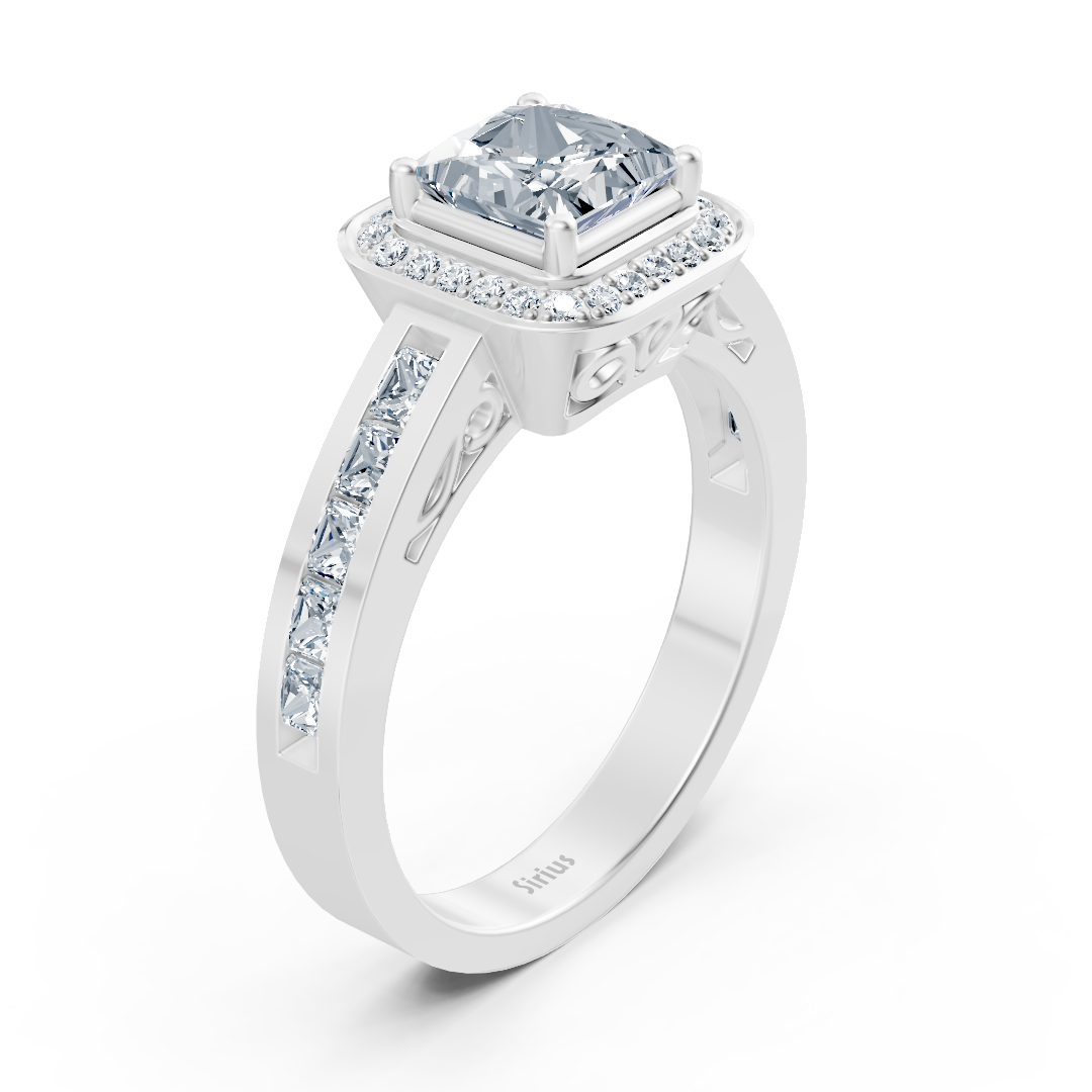 Bague princesse halo de diamants en or blanc 14 carats