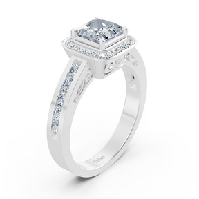 Bague princesse halo de diamants en or blanc 14 carats