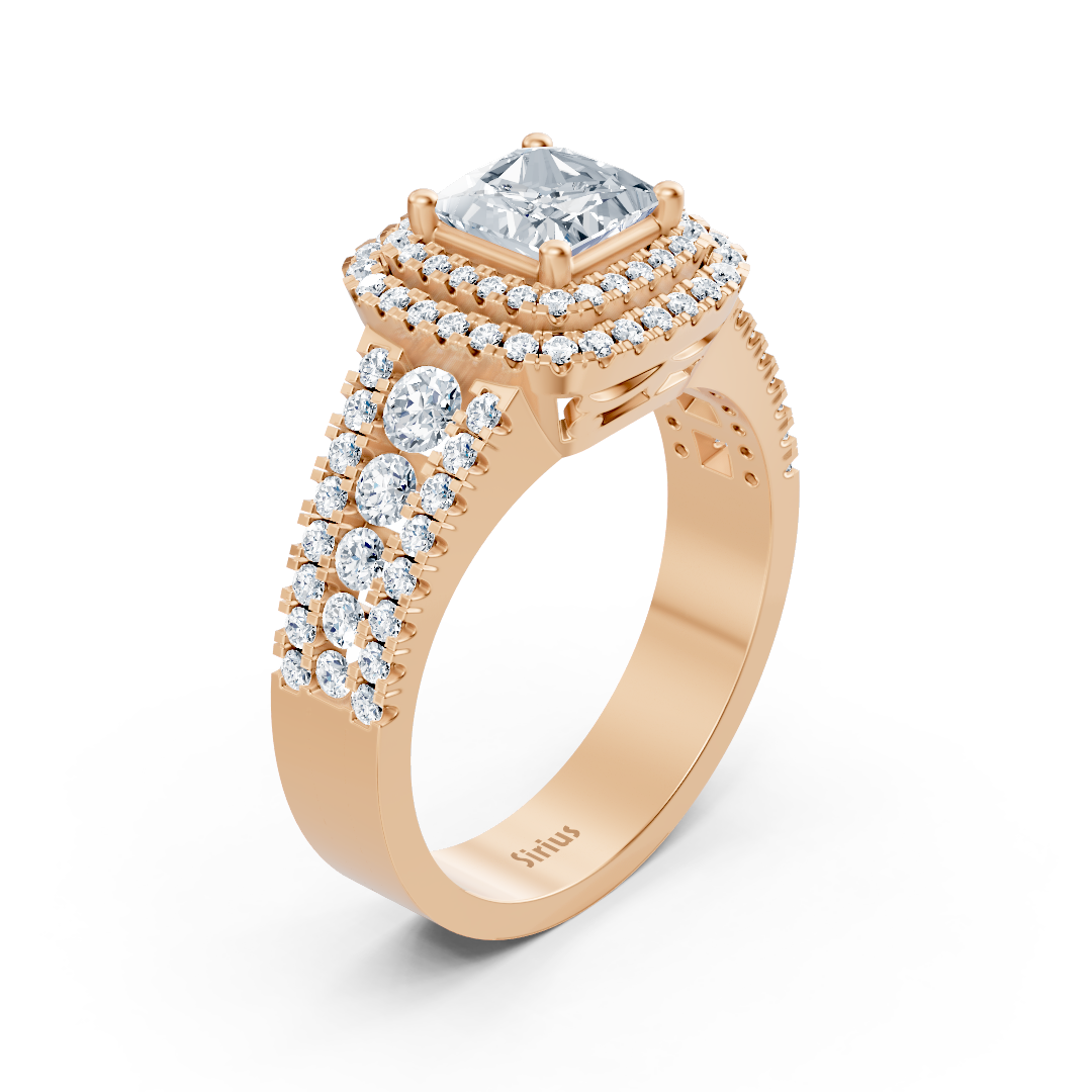 14 Karat Roségold Prinzessschliff Diamant & Rubin Doppel-Halo Verlobungsring