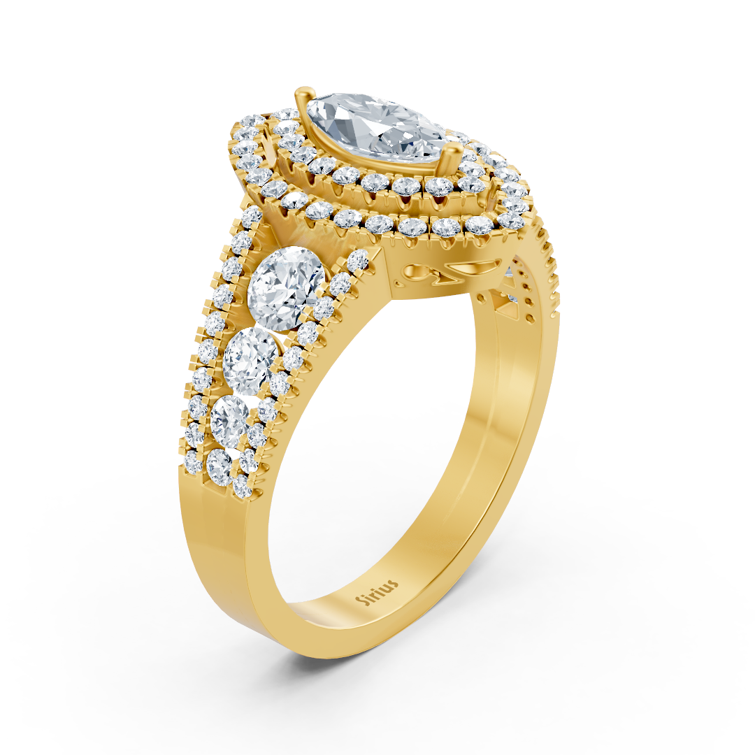Bague de fiançailles en or jaune 14 carats avec diamants et saphirs taille ovale à double halo