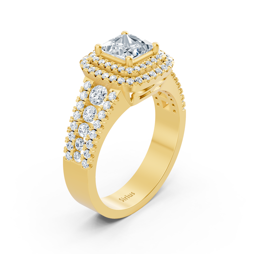 Bague de fiançailles en or jaune 14 carats avec diamants taille princesse et rubis à double halo