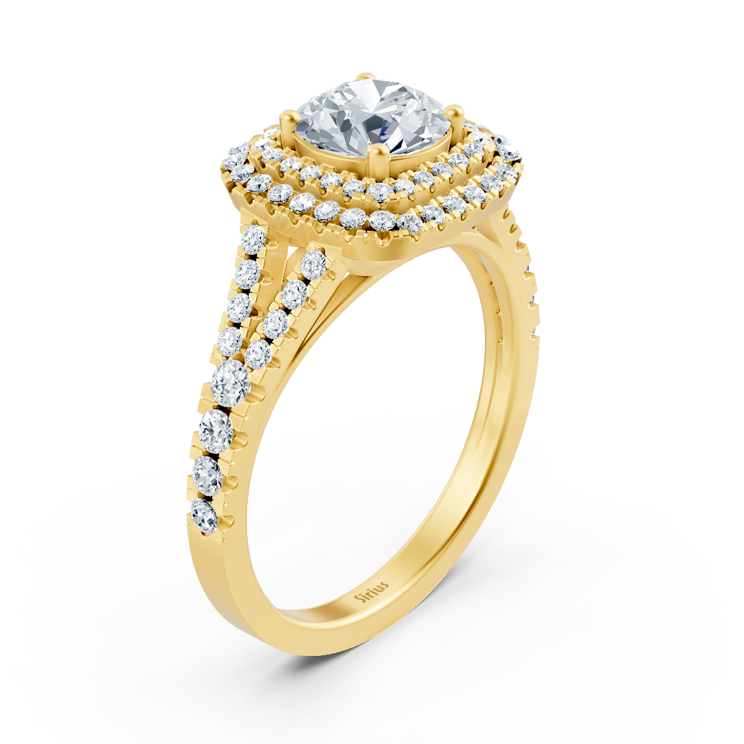 Bague de fiançailles en or jaune 14 carats avec double halo de diamants