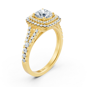 Bague de fiançailles en or jaune 14 carats avec double halo de diamants