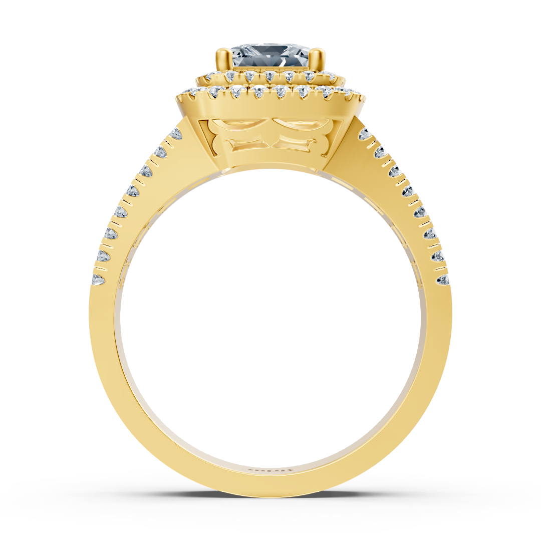 Bague de fiançailles en or jaune 14 carats avec diamants taille princesse et rubis à double halo