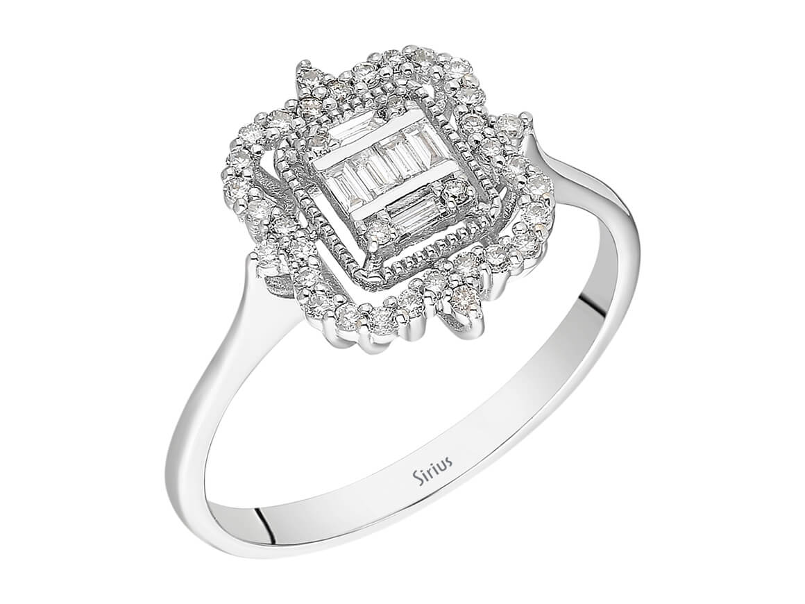Birgie Quadratischer Baguette-Diamantring mit Halo 0,28 ct.