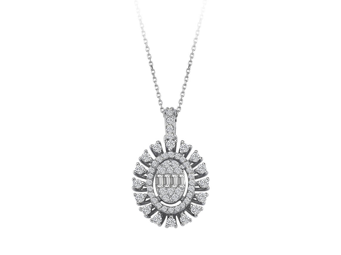 Elegante Diamant Halskette mit Baguette- und runden Diamanten im Pavé-Stil, 0.39 Karat, 14K Gold