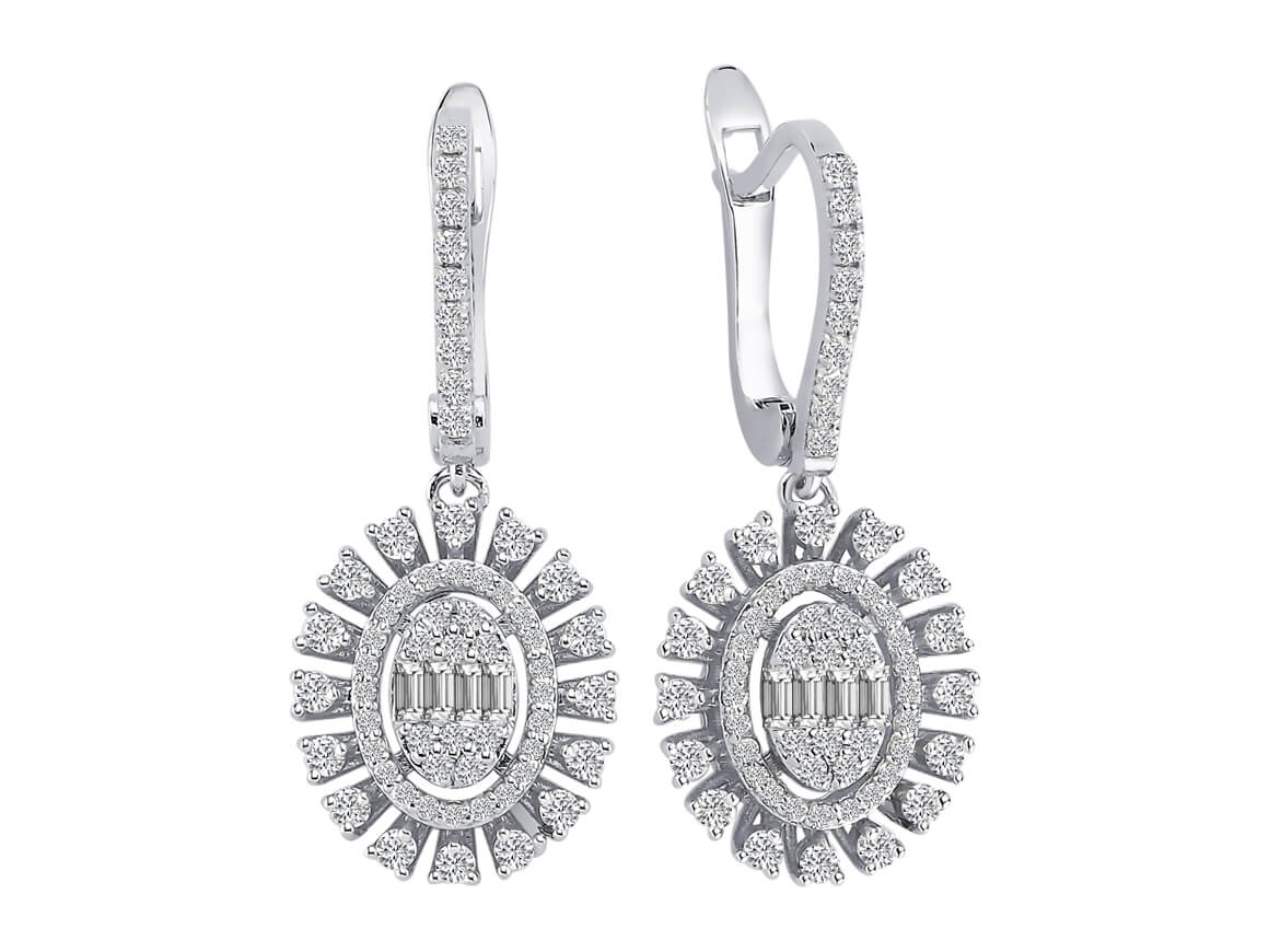 Elegante lange Diamant Ohrringe mit Baguette- und runden Diamanten im Pavé-Stil, 0.85 Karat, 14K Gold