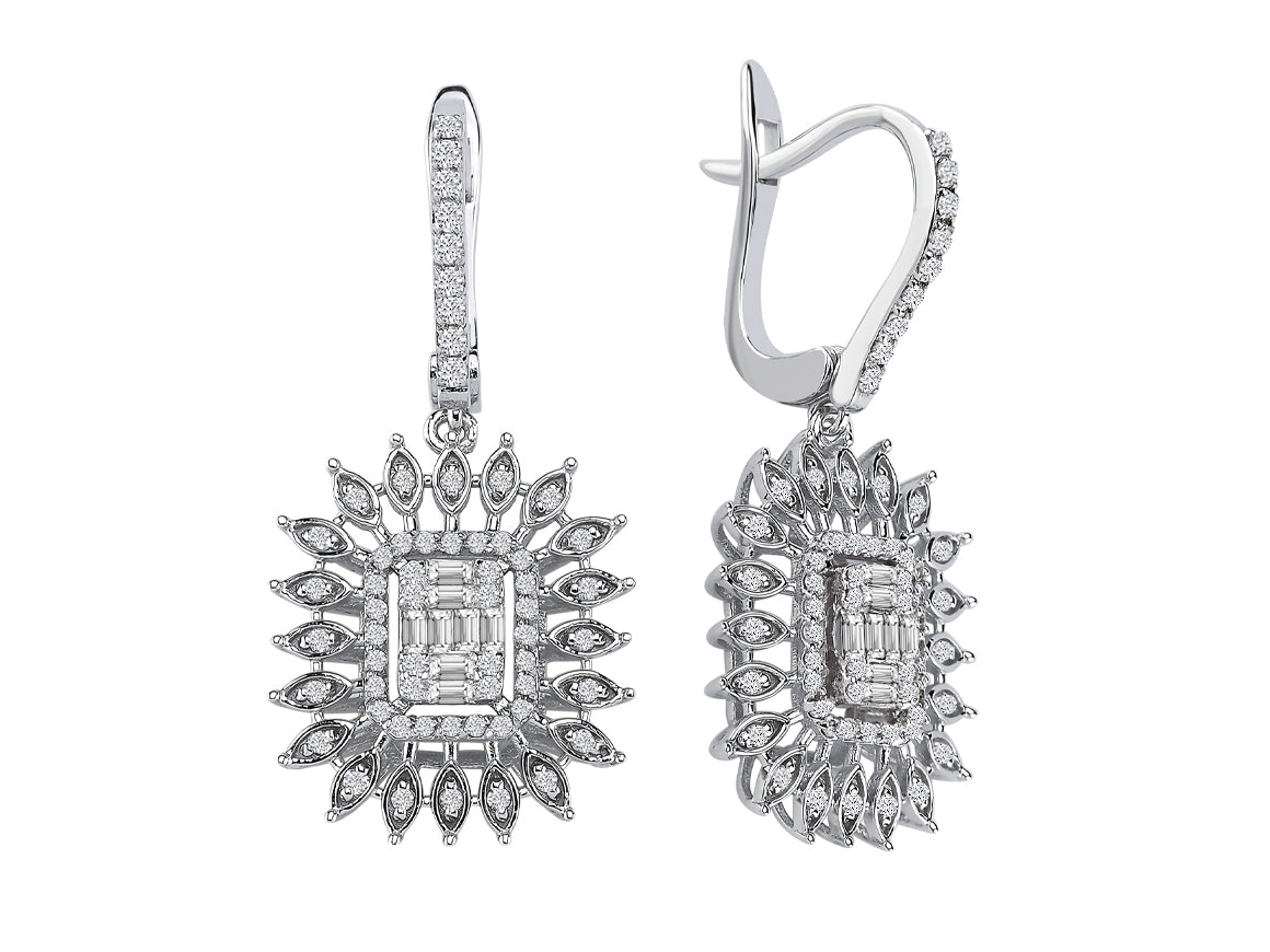 Elegante lange Diamant Ohrringe mit Baguette- und runden Diamanten im Pavé-Stil, 0.60 Karat, 14K Gold