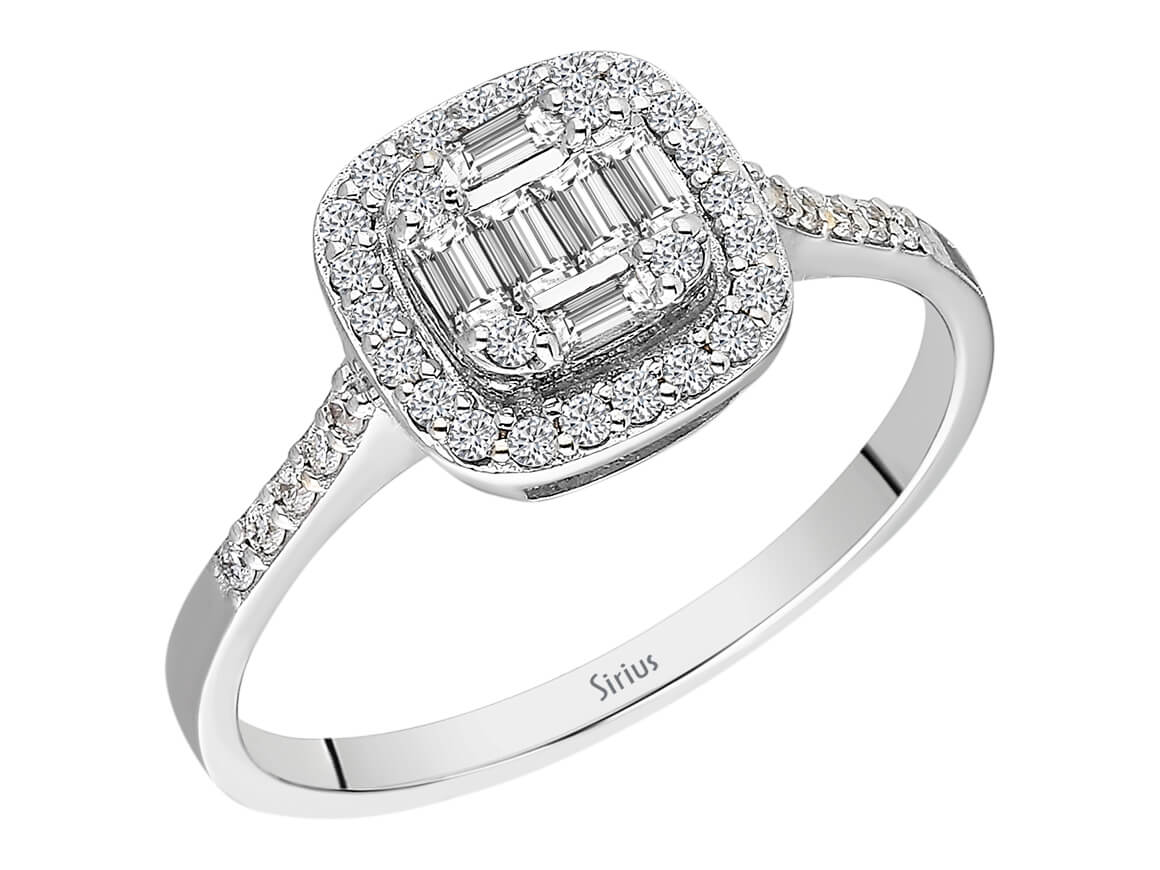 Birgie Quadratischer Baguette-Diamantring mit Halo 0,39 ct.