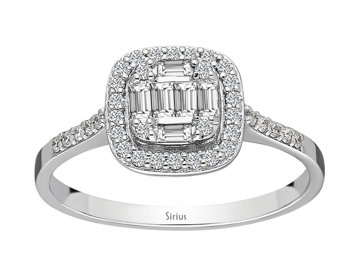 Birgie Quadratischer Baguette-Diamantring mit Halo 0,39 ct.
