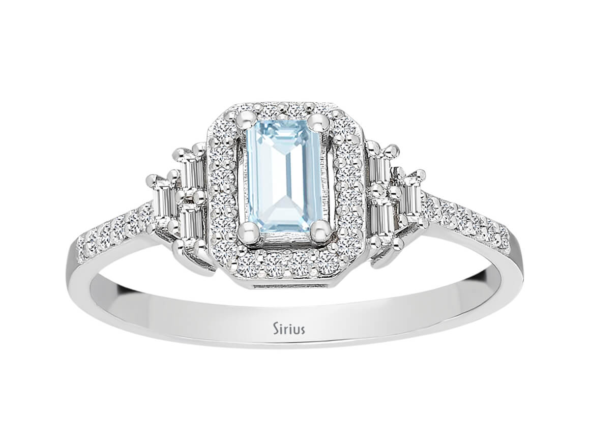 Birgie Rechteckiger Diamant-Halo-Ring mit Baguette-Akzenten