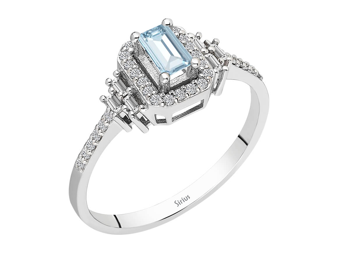 Birgie Rechteckiger Diamant-Halo-Ring mit Baguette-Akzenten