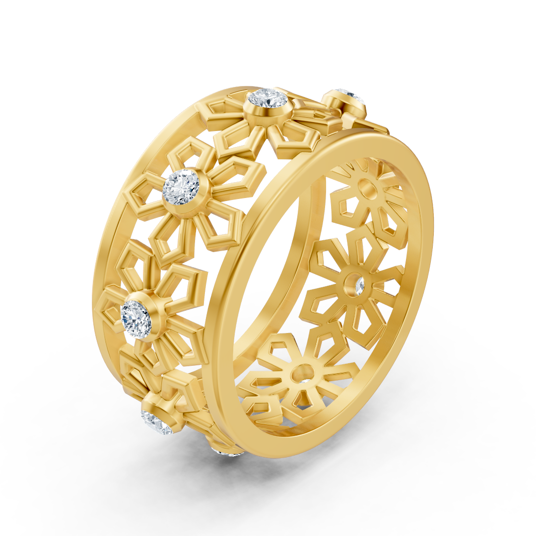 Yellow gold diamond ring with snowflake motif – 8 diamonds