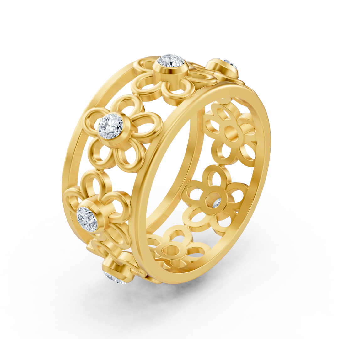Filigraner Blumenring mit Diamanten in 14K Gelbgold