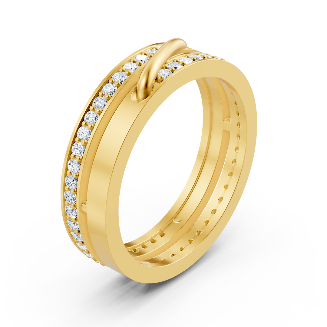 Yellow gold diamond ring with pavé setting and curved accent