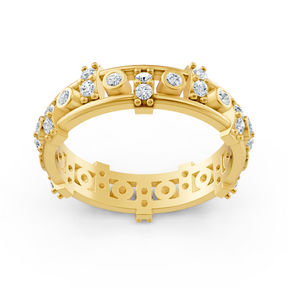 14 carat yellow gold diamond memoire ring - modern ladies' ring with bezel and prong setting