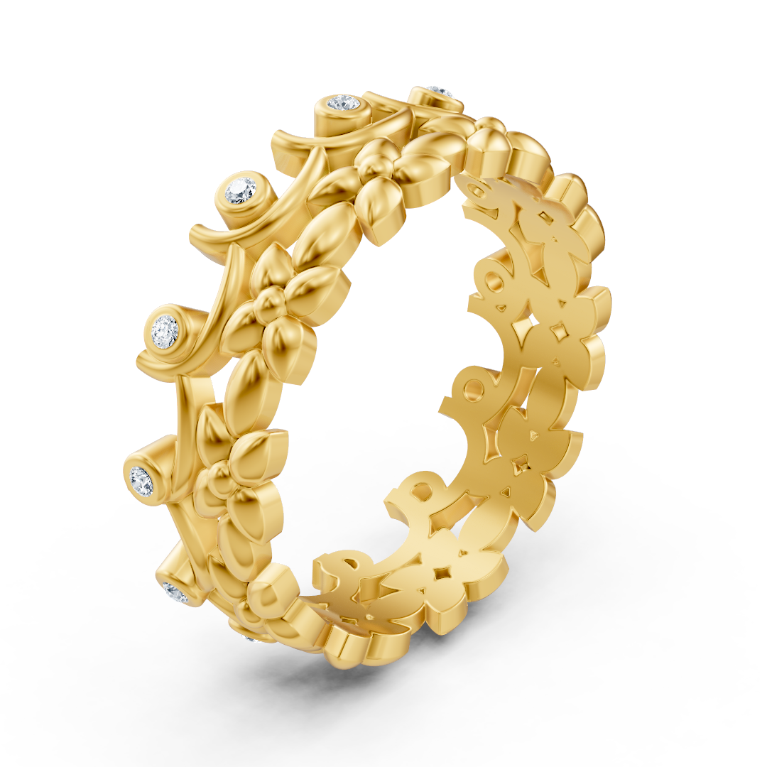 Yellow gold diamond ring with floral vine pattern