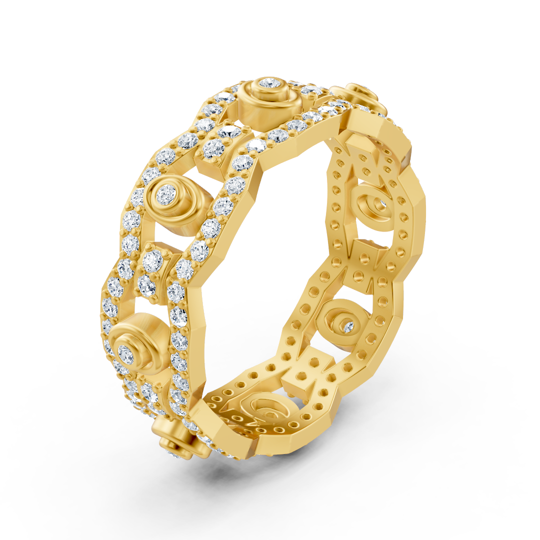 Yellow gold diamond ring with chain and circle design
